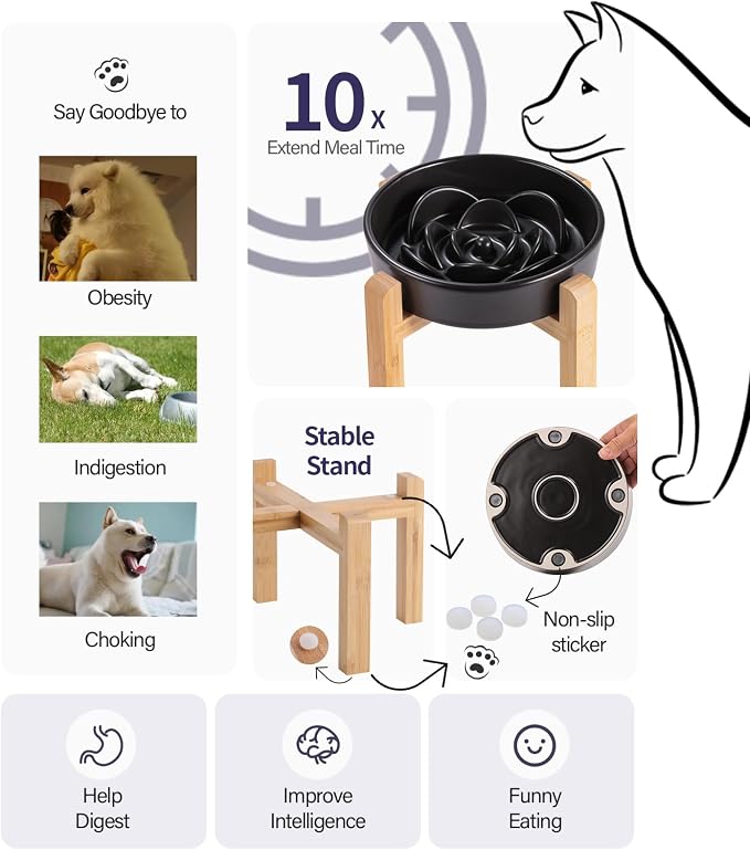 8.26 in Black Dog Bowl Slow Feeder Ceramic for Medium and Large Breed,Elevated/Raised Slow Feeding Dog Food Water Dish Heavy Weighted,Puppy Dish for Fast Eaters,Puzzle Eating Bowl Modern Maze - Image 3