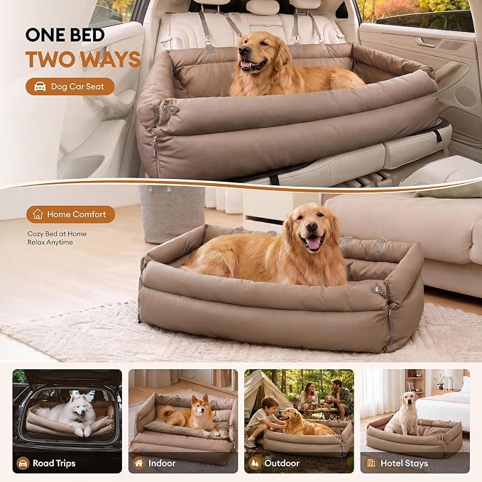 FUNNY FUZZY Leather Dog Car Seat for Large Size Dogs, Pet Booster Car Seats | Waterproof Car Seat with Safety Clip-On Leash, Soft Fabric Car Dog Bed Filling Memory Cotton, Washable Travel Pet Bed(Khaki) - Image 7