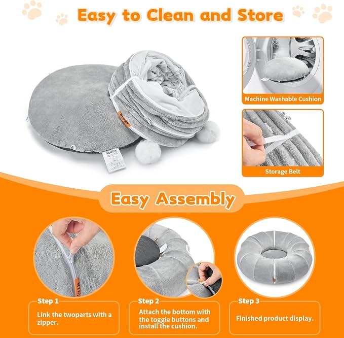Cat Tunnel Bed for Indoor Cats, XL Donut Tunnels, 35.5 Inch, Grey | 2 in 1 Cat Tunnels for Indoor Cats Kitten Puppy Rabbit Pet Tunnel Toy with Washable Cushion Bed Grey - Image 5