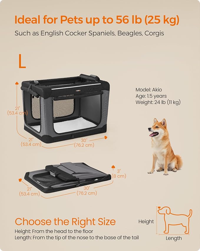 Feandrea Collapsible Dog Crate, Portable Travel Crate, 30-Inch | Oxford Fabric Pet Carrier with 4 Mesh Doors, Handles, Storage Pocket, Water Bottle Holder, UPDC017B01 - Image 6