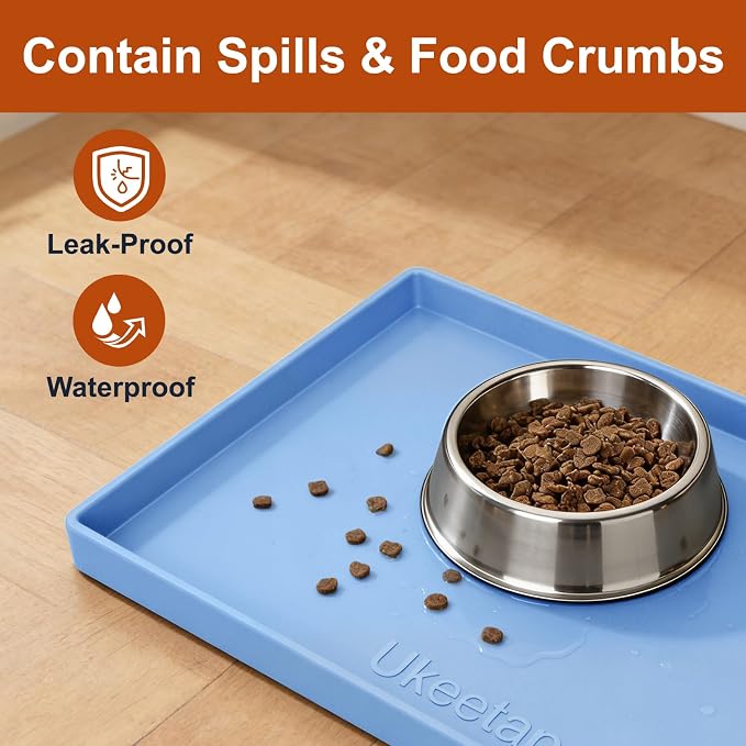 19" x 12" Extra Thick Silicone Mat Waterproof with Raised Edge, Blue | BPA-Free Non-Slip Dog & Cat Food Mat, Feeding Mat for Food and Water Bowls, Spill Proof Mat to Protect Floors - Image 3