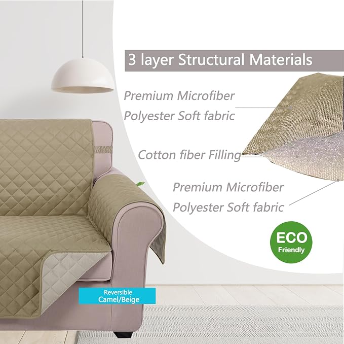 U-NICE HOME Large Sofa Cover Reversible Couch Cover, Light Camel/Beige | 78''Oversized, Washable, Pet Friendly, Elastic Straps, Water Repellent, Furniture Protector Mat for 3 Cushion Couch - Image 4