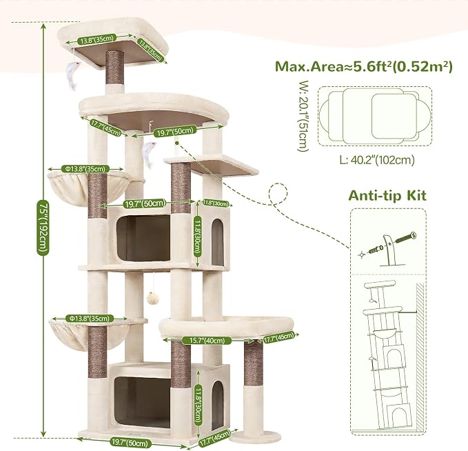 Globlazer 75in Sturdy Cat Tree Tower for Indoor Large Cats, S75, Beige | Multi-Level Heavy Duty Cat Tower with Scratching Post, Oversized Condos & Perches for Big Cats, Large Baskets, Enlarged Base - Image 7