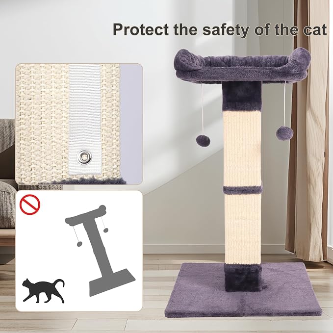 34" Cat Scratching Post for Indoor Cats, Sisal Cat Scratcher with Large Plush Perch, Vertical Posts with Elevated Bed and with Two Dangling Balls, Removable & Washable Cover, Dark Grey - Image 7