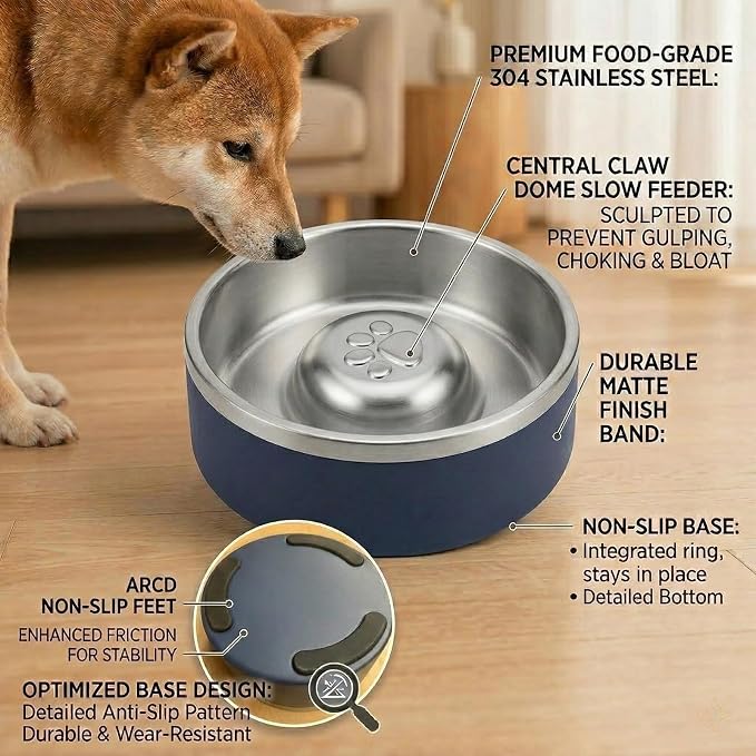 Stainless Steel Slow Feeder Dog Bowl, Heavy Duty Thickened Metal Dog Bowl, Non-Slip Base, Dishwasher Safe, Anti Gulping Feeding Bowl for Small to Medium Dogs & Cats, 56 oz, Dark Blue - Image 3