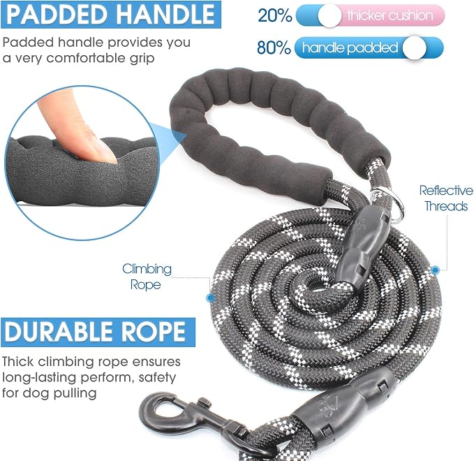 2/4/5/6 FT Dog Leash with Comfortable Padded Handle and Highly Reflective Threads for Small Medium and Large Dogs (6FT-1/2'', Black) - Image 2