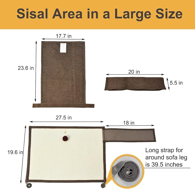 Upgraded Cat Scratch Furniture Protector,Cat Scratch Sofa Arm Sheild with 27.6’‘L*19.6’‘W Natural Sisal and Scratch Ball for Protecting Couch Sofa Chair Furniture (Brown/Right Handed) - Image 2