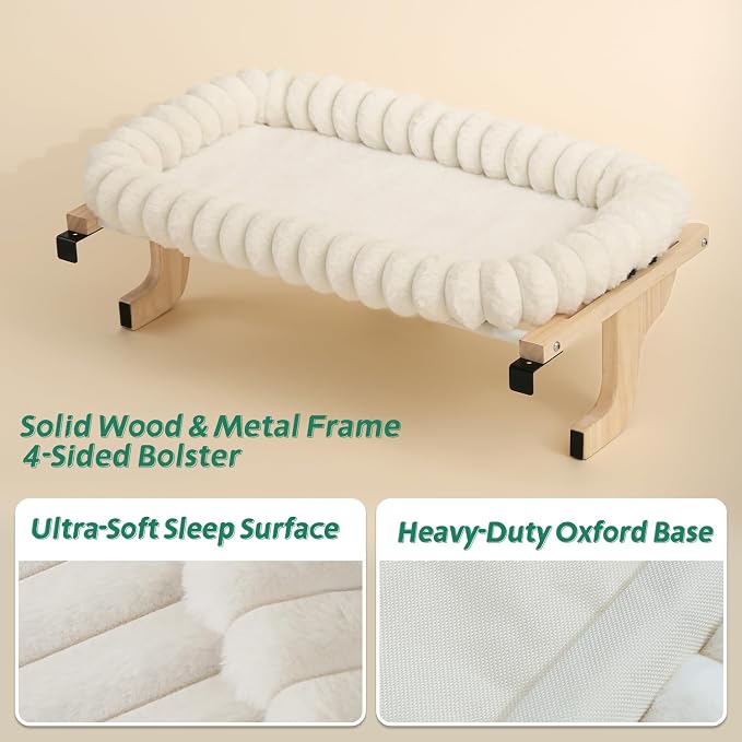 Zakkart SnugCloud Cat Window Perch with 4-Sided Bolster - Orthopedic Cat Hammock for Window Sill - Solid Hardwood & Metal Frame - Window Seat for Pets (Natural Color Wood w/White Bed, Medium) - Image 9