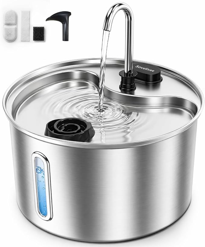 304 Stainless Steel Cat Water Fountain, 118oz/3.5L Pet Drinking Fountain for Cats and Small Dogs, Ultra-Quiet, Dishwasher Safe, Water Level Window, Cat Fountain with Smart Pump Protection by Sovelivee