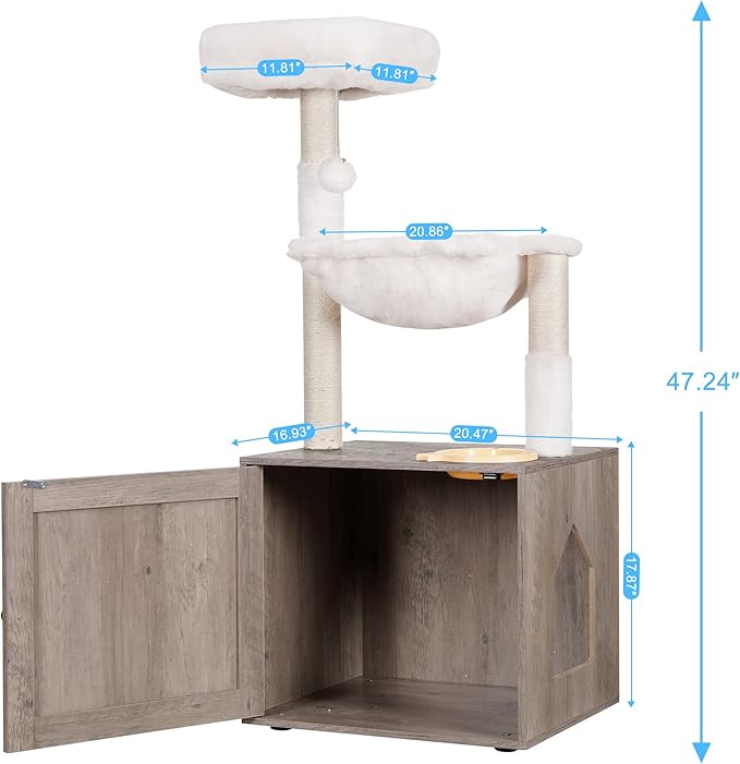 Hey-brother Cat Tree Tower, Litter Box Enclosure, Food Station, MPJ100SG | 47.24 Inches Wooden All-in-one Cat House, Large Hammock, Bed, Scratching Posts, Modern Style for Indoor Cats, Rustic Gray - Image 3