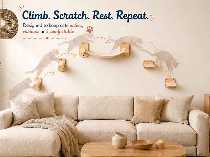 Cat Wall Shelves 6-in-1 Wall Mounted Cat Furniture with Perch & Hammock, Wooden Climbing Shelves with Scratching Post Pad, Space-Saving Climbing Tower for Indoor Cats - Image 3