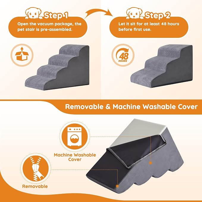 Dog Stairs for Small Dogs 22.6" H, Dog Ramp for Bed, 5-Step, Grey | Dog Steps for Bed, Couch, Pet Stairs with Non-Slip Bottom Design, Cat Scratching,High Density Foam Portable Pet Steps, Indoor - Image 7