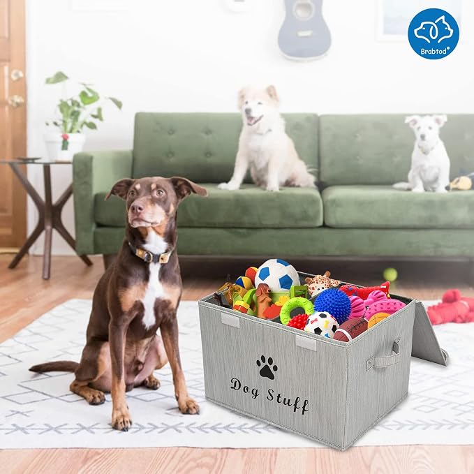 Large Dog Toys Storage Box Canvas Storage Basket Bin Organizer with Lid - Collapsible Linen Bin Ideal for Organizing Dog Cat Toys and pet Stuff-PP Boad-17" x 12" x 10" - Slub Gray - Image 6