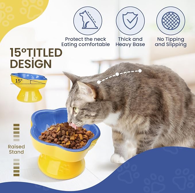 S&Q's CERAMICS Raised Cat Bowl, Elevated Cat Bowl for Food and Water, Ceramic Titled Dish, Anti Vomit & Whisker Friendly, Microwave and Dishwasher Safe (Blue, 5.8") - Image 3