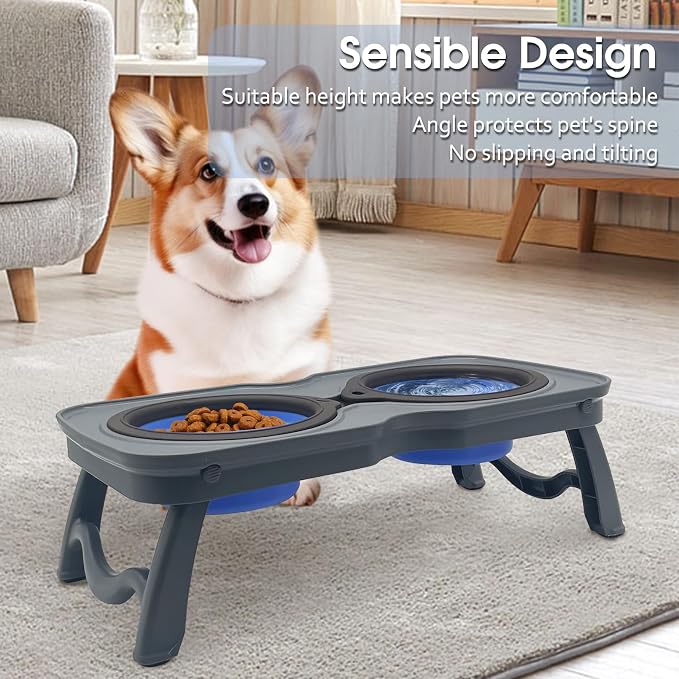 PINVNBY Elevated Portable Dog Bowl, Travel Raised Dog Stand with Collapsible Silicone Double Diner Puppy Bowls Non-Slip Dog Food Water Bowls Holder for Small Dogs and Cats - 14.6" L x 7.5" W x 3.9" H - Image 7