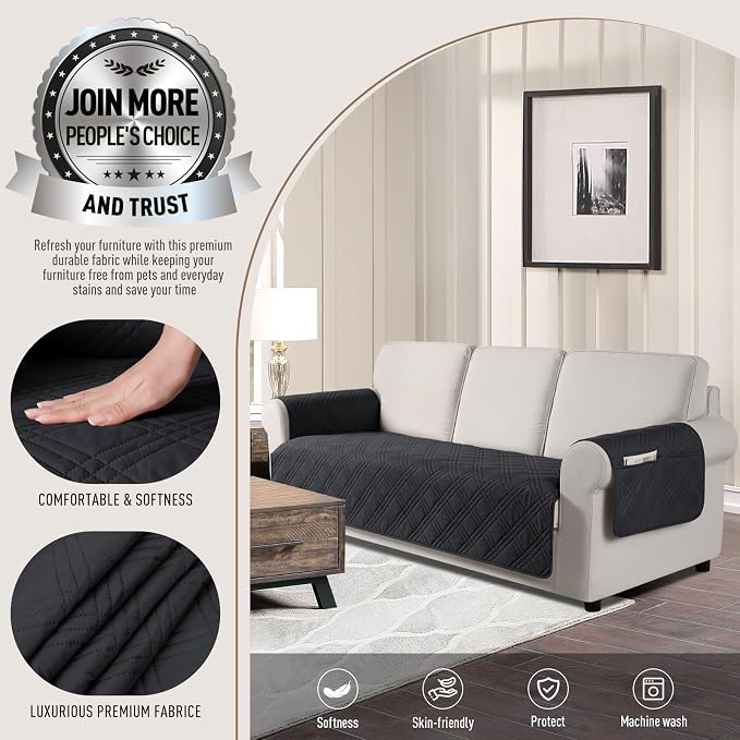 TAOCOCO Waterproof Couch Covers for Dogs, Non Slip Pet Sofa Cover, 72.4'' | Washable Couch Seat Covers with Arms for 3 Cushion Couch, Dog Couch Cover Protector, Pockets & Backless Design, Black - Image 2