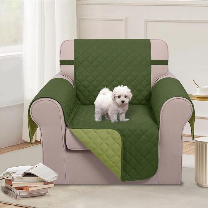 U-NICE HOME Reversible Recliner Chair Covers, Huntergreen/Sage | 23''Armchair Cover for dogs Washable, Pet Friendly, Elastic Straps, Water Repellent, Diamond Quilted - Image 2