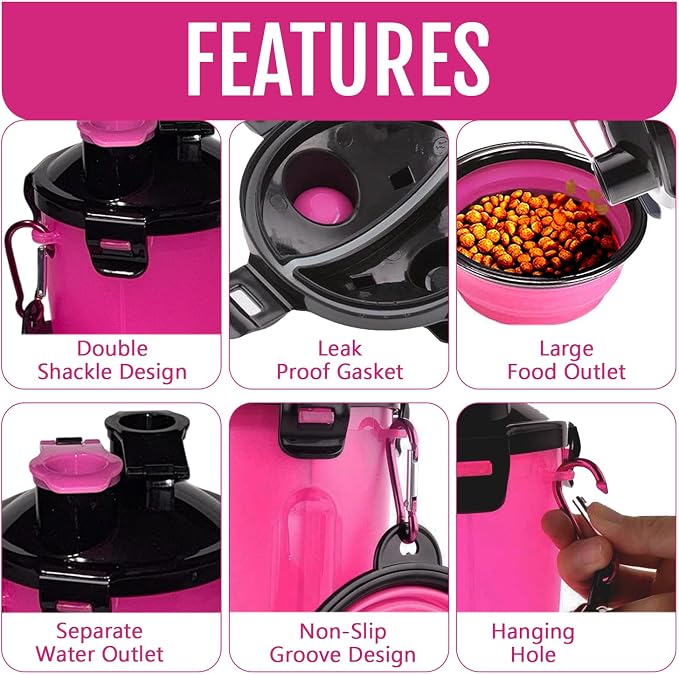 Dog Travel Water Bottle W/Collapsible Bowls - Portable 2 in 1 Leakproof Pet Water Bottle Food Container Ideal for Travel, Outdoor Portable Water Bowls for Walking, Camping & Hiking - (Pink) - Image 2