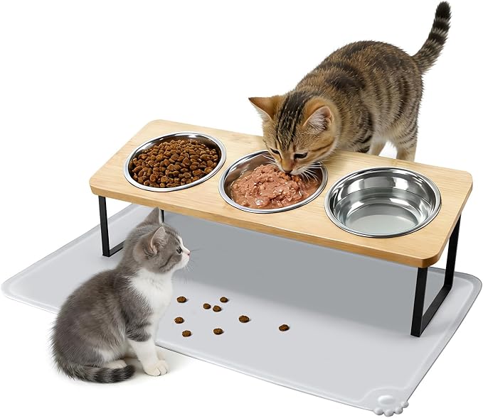 Elevated Cat Bowls, 15°Tilted Raised Cat Food Bowls with Mat, Cat Food and Water 3 Stainless Steel Bowl Set for Indoor, Anti-Vomiting, Whisker Fatigue. by Unknown