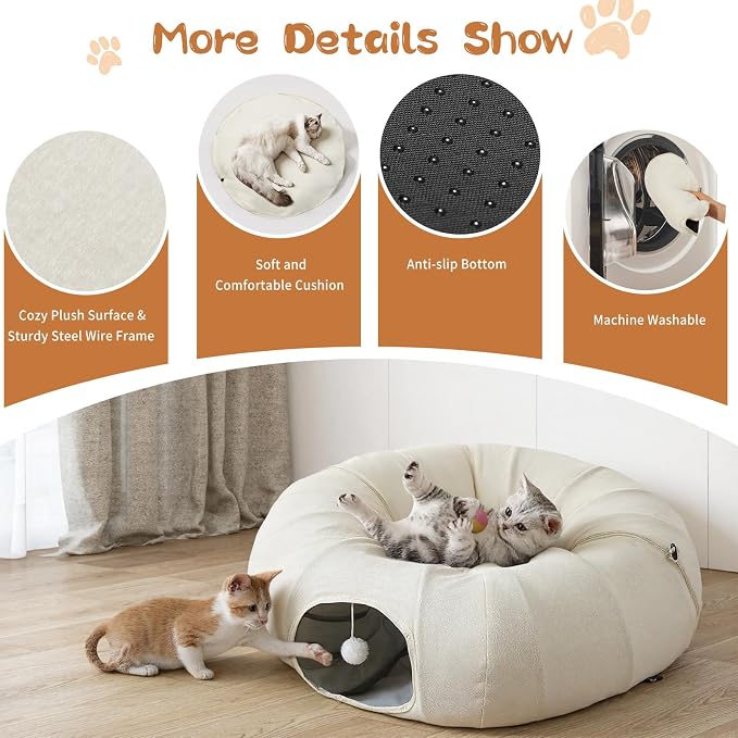 Pawaboo 2-in-1 Cat Tunnel Bed, 8-Shaped Cat Tunnels, Beige | Foldable Cats Cave Hideout Kitty Toys with Fluffy Balls, Donut Tunnel for Kitten Rabbit Ferret - Image 5