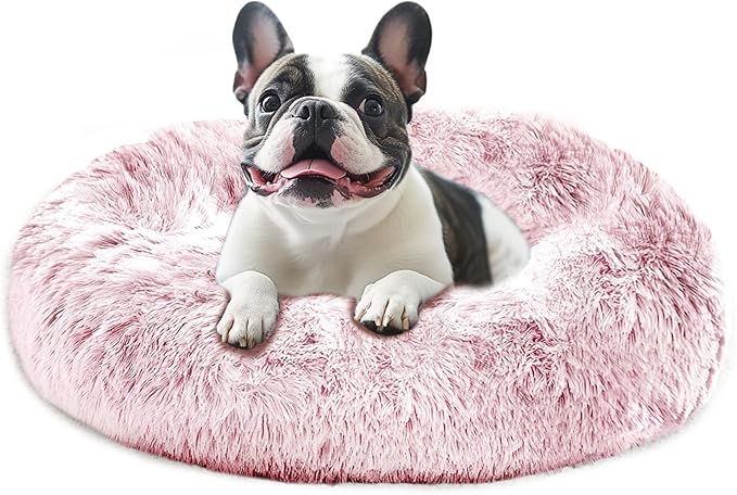 JOLLYVOGUE Calming Dog Bed Medium Size Dog, 31in Donut Washable Medium Pet Bed, Anti-Slip & Anti-Anxiety Fluffy Faux Fur Round Dogs Bed, Fits up to 45 lbs Pets (Smoke Pink) by JOLLYVOGUE