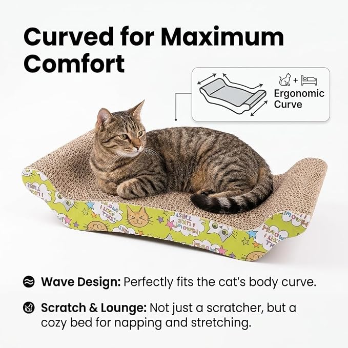 2 Pack Wave Cardboard Cat Scratcher, 17"x8.5" Curved Cat Lounge | Reversible Corrugated Cat Scratch Pad, Cat Couch Bed for Indoor Cats Natural Scratching Stretching Lounging, Includes Catnip - Image 3