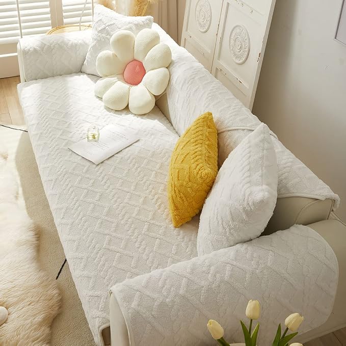 vctops Geometric Jacquard Plush Sofa Couch Covers Farmhouse Neutral Non Slip Sectional Couch Cover Soft Warm Sofa Slipcover for Dogs, Children, Pets Furniture Protector (White,36"x70") - Image 5