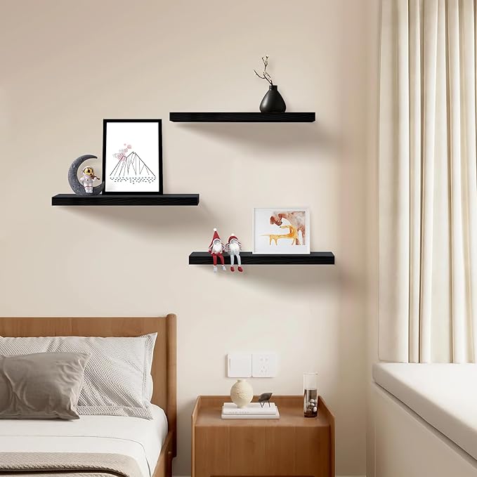 Floating Shelves for Wall Set of 3, 16 Inch Black Floating Shelves Bedroom | Smooth Black Finish, Engineered Wood Structure, Full Mount Hardware, Multi-scene Wall Storage - Image 4