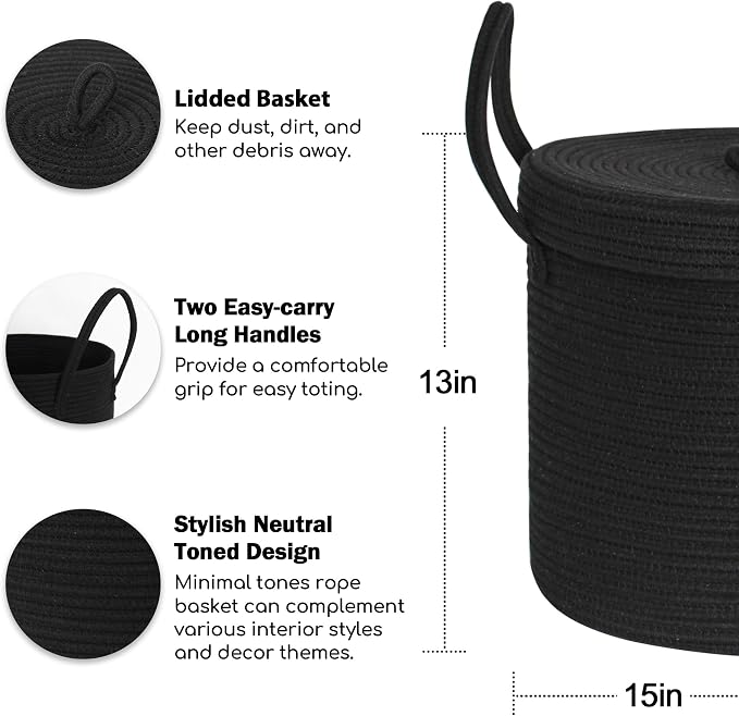 15" X 13" Large Black Basket with Lid, Cotton Rope Storage Basket for Blanket, Toy, Pillow, Towel, Laundry, Wicker Living Room Bedroom Storage Bin, Black Woven Organizing Basket with Cover - Image 2