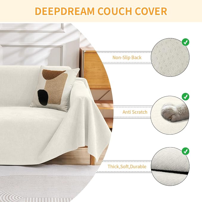 Deep Dream Cat-Scratch Resistant Couch Cover, Waterproof Sofa Cover for 3 Cushion Couch Washable, Pet Friendly Couch Protectors Anti Slip Thickened Sofa Slipcovers for Dogs Pets, 71" x 134", White - Image 3