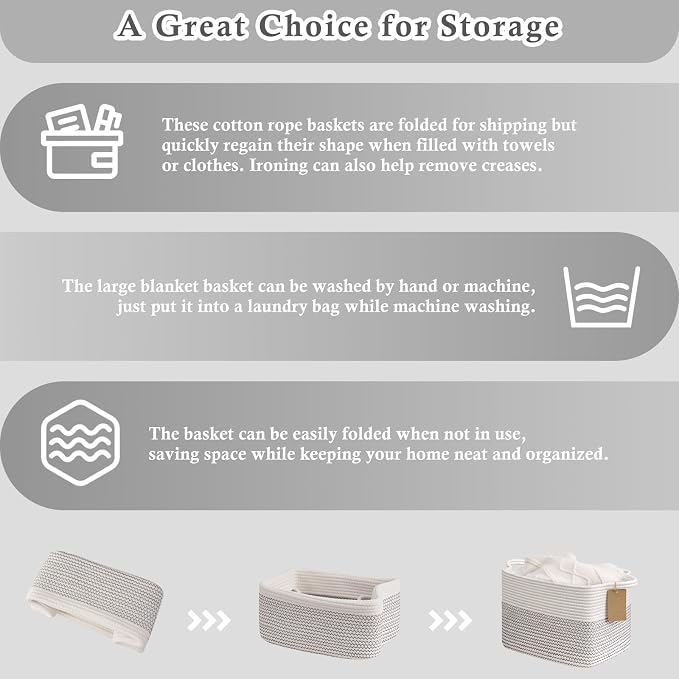 Goodpick Woven Rope Storage Basket for Shelves, Rectangle, Mix White | 13" × 10" × 9" Stylish Gift Basket for Nursery & Bedroom Organization, Cotton Rope Baskets for Toys & Baby Essentials Storage - Image 7