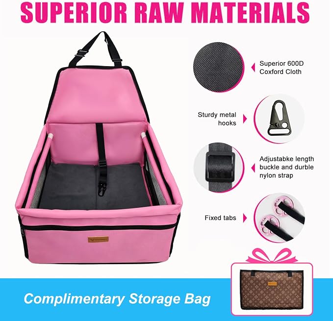 Pet Dog Booster Seat, Upgrading the Framed wall to Prevent Collapse，Breathable and Foldable Pet Car Basket，Removable andWashable pet car seat (Pink) - Image 3