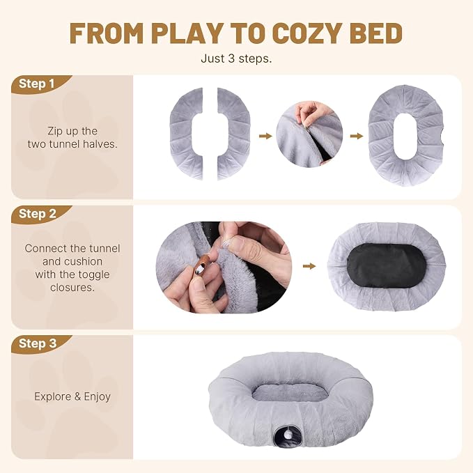 Extra Large Cat Tunnel, 47.2in Multi-Cat Family Big Cat Tunnel for Cats | Long Cat Tunnel Bed with Washable Plush Mat, XXL Pet Play Tunnel Toy for Cats, Puppy, Rabbits Grey - Image 7