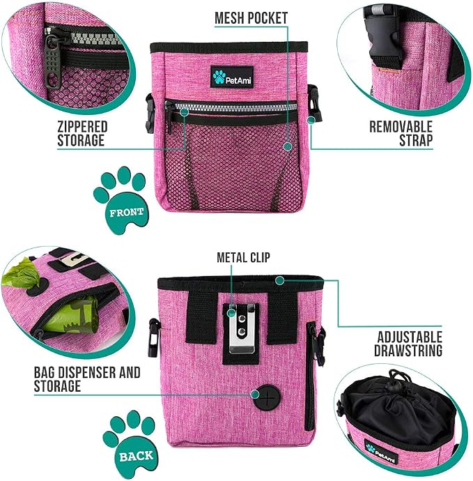 PetAmi Dog Treat Pouch, Pet Treat Pouch for Training, Dog Walking Bag Holder for Kibbles, Pet Food Toy, Dog Trainer Essentials Supplies, Poop Bag Dispenser, 3 Ways to Wear (Pink) - Image 3