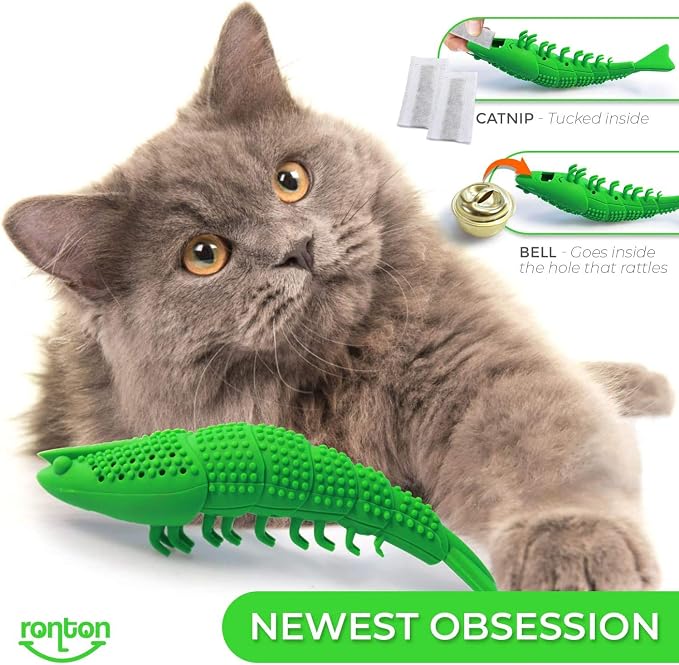 Ronton Cat Toothbrush Catnip Toy - Durable Hard Rubber - Dental Care, Cat Interactive Toothbrush Chew Toy (1 Pack Green (Shrimp) - Image 4