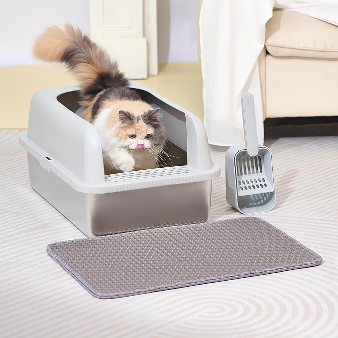 Henkelion 2 Pack Stainless Steel Cat Litter Box with Lid, 20" L x 14.2" W x 11.8" H, Extra Large Litter Box for Big Cats with High Sided, Anti-Urine Leakage, Easy Cleaning, Include Cat Mat and Scoop - Image 9