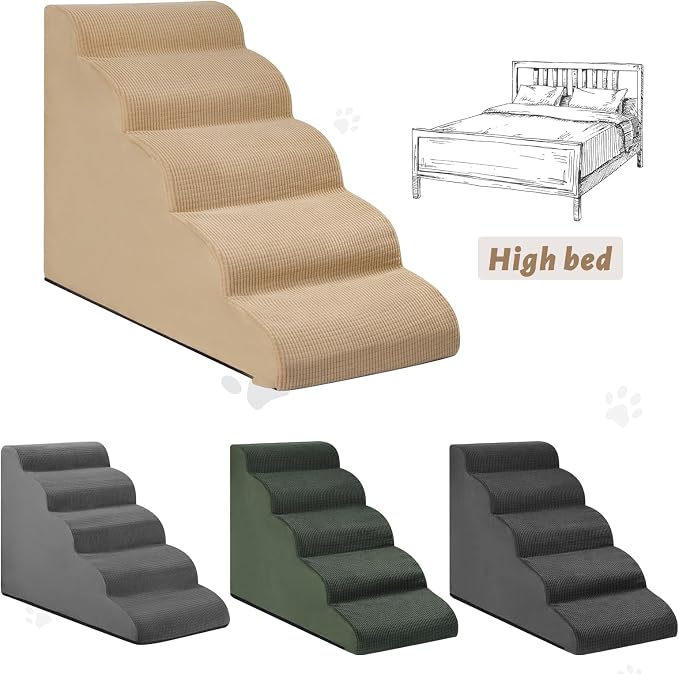 Aodisman Dog Stairs for High Bed,5-Step Pet Ramp for Small Dogs and Cats | 22.2" H Dog Steps for Bed with High-Density Foam, Help Olders,Short-Legged Dogs,Puppy and Cats Get on Beds Easily,Grey,Khaki - Image 3