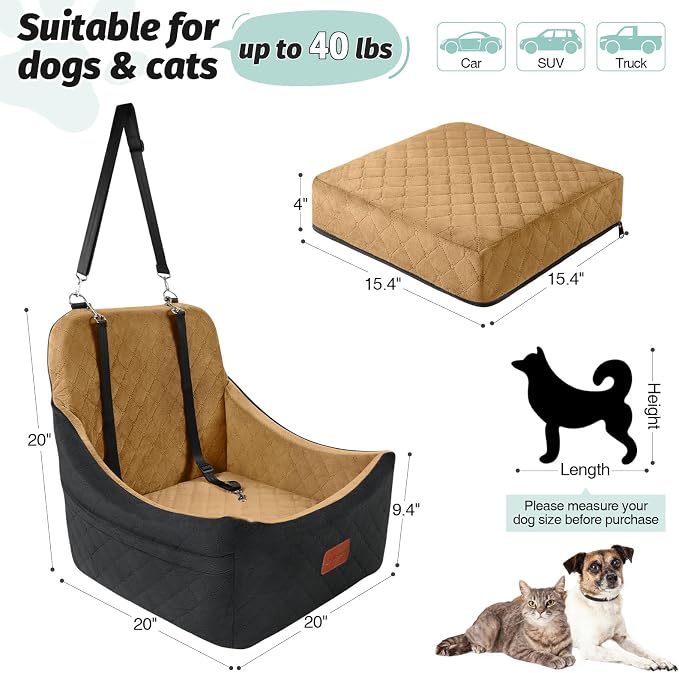Lealchum Dog car seat for Medium Dogs,Easy to Install with Adjustable Straps,Anti Slip Bottom pet car Bed,Fully Detachable and Washable pet Travel Bed (Black/Coffee, Medium) - Image 3