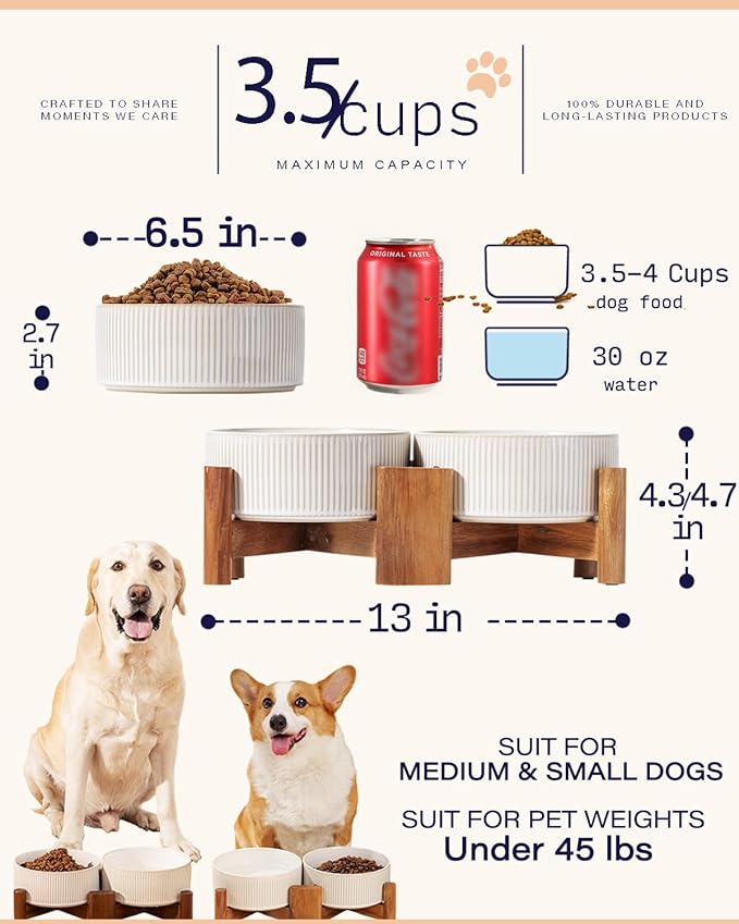 Getstar Ceramic Dog Bowls Set with Acacia Wood Stand, 3.5 Cups Pet Bowls Set of 2 for Medium Dogs, Cute Dog Raised Food Bowl, Cat Bowls - Image 2