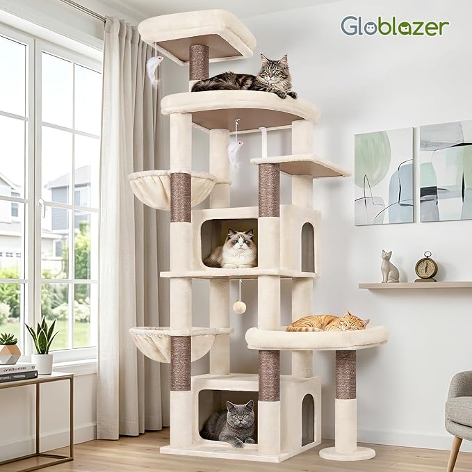 Globlazer 75in Sturdy Cat Tree Tower for Indoor Large Cats, S75, Beige | Multi-Level Heavy Duty Cat Tower with Scratching Post, Oversized Condos & Perches for Big Cats, Large Baskets, Enlarged Base - Image 8