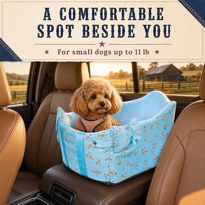 Console Dog Car Seat Up to 11lbs (Blue Daisy) | Portable Dogs Armrest Booster Seat for Small Dog, Anti-Collapse Pet Car Seat with Soft Cushion Safety Belt - Image 2