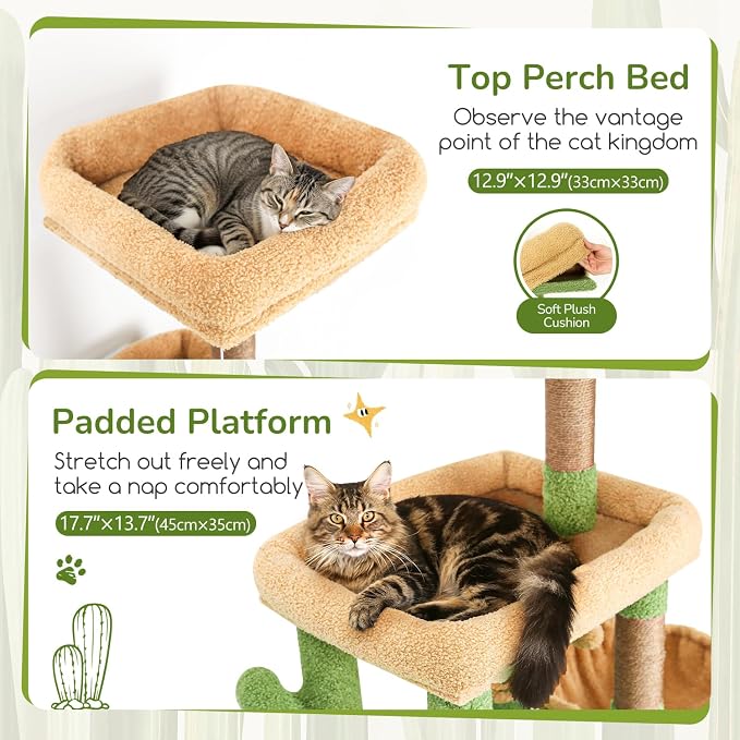 Globlazer 52in Cactus Cat Tree Tower for Indoor Cats, 2 Condos, S52, Green | Multi-Level Plush House, 5 Sisal Scratching Posts, 2 Padded Top Perches, Big Metal Basket, Stable Enlarged Base - Image 2