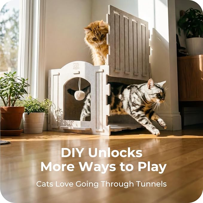 Cat Bed Cave for Indoor Cats: New Felt Cat Bed with Fluffy Ball, Foldable Cat House with Scratch-Resistant Board, Hideaway Cat Cave for Timid Cats, Sturdy Two-Tier Cat Condo & Cat Houses - Image 8
