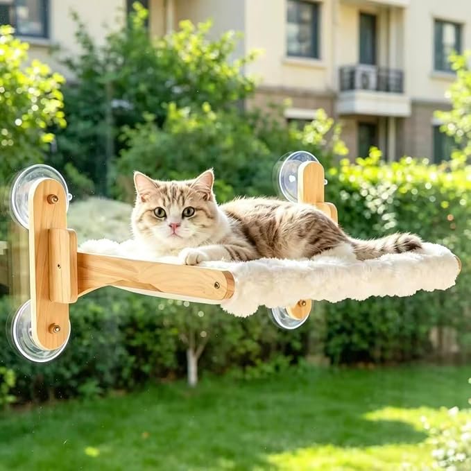 Foldable Cat Window Perch,Cat Hammock Bed with Wood Frame,Washable Soft Rabbit Fur Cover,Strong Suction Cup,Window Seat for Kitten, Indoor Cats, Birds Watching - Image 6