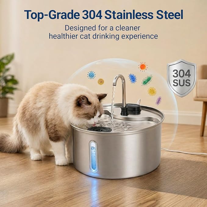 304 Stainless Steel Cat Water Fountain, 118oz/3.5L Pet Drinking Fountain for Cats and Small Dogs, Ultra-Quiet, Dishwasher Safe, Water Level Window, Cat Fountain with Smart Pump Protection - Image 2