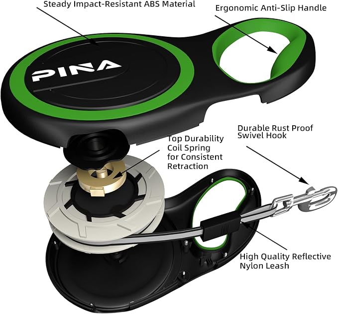 PINA Retractable Dog Leash, 10ft Dog Leash for Small Dogs Up to 33lbs, 360° Tangle-Free Strong Reflective Nylon Tape, with Anti-Slip Handle, One-Handed Brake, Lock - Black Green - Image 4
