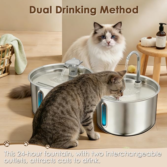 Stainless Steel Cat Water Fountain, 135oz/4L Automatic Pet Water Dispenser with 3 Filters & 2 Water Outlets, Quiet Indoor Drinking Fountain for Cats Small Dogs, Water Level Window - Image 6