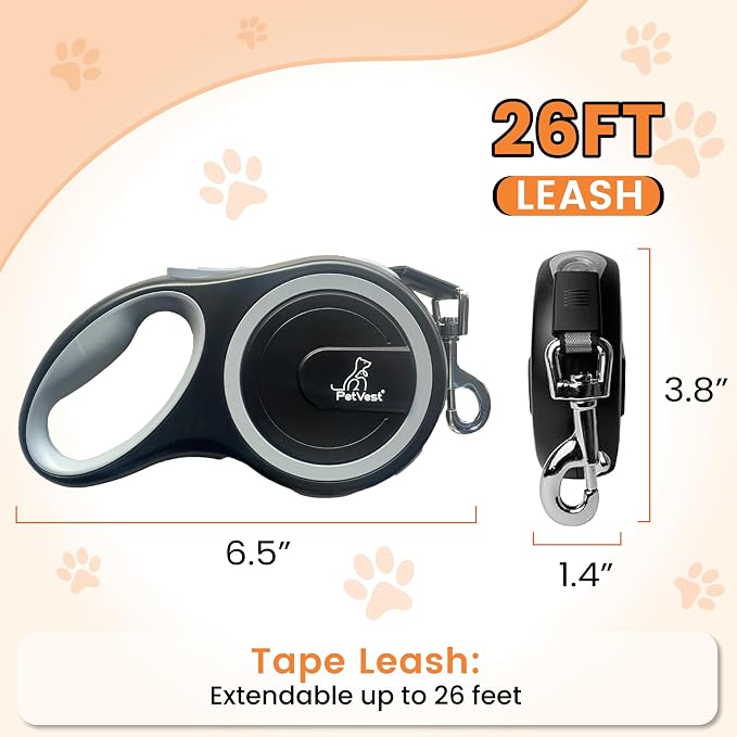 Retractable Dog Leash – Extendable up to 26 FT, Heavy Duty Nylon Tape, No-Tangle, One-Handed Brake & Lock, for Small to X-Large Dogs up to 110 lbs (Black) - Image 2