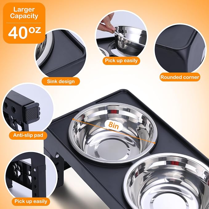 LALOBLUE Elevated Dog Bowls, Raised Bowl with 2 Stainless Steel Food Bowls, Dog Bowls Stand Adjusts to 5 Heights 2.95", 8.46", 9.65", 10.82", 12.01" for Small Medium Large Cats Pets,Black - Image 3