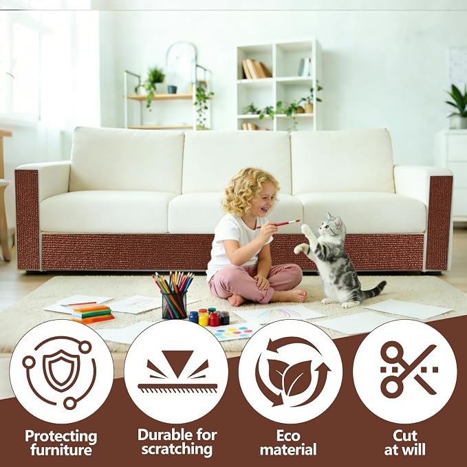 Cat Scratch Couch Furniture Protector,Trimmable Self-Adhesive Cats Claws Scratch Pads, Sisal DIY Climbing Couch Protector for Scratch Post Cat Tree Replacement Indoor(Brown, 78.7"x15.8") - Image 4